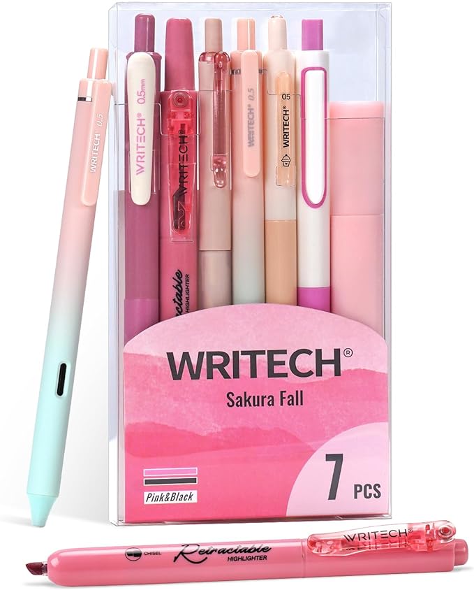 WRITECH Gel Pens Journaling Highlighters: Journal Set Aesthetic Assorted Pastel Color Ink 0.5mm Fine Point Retractable 0.7mm Black Pen Smooth Writing Drawing No Bleed 7ct (Pink)