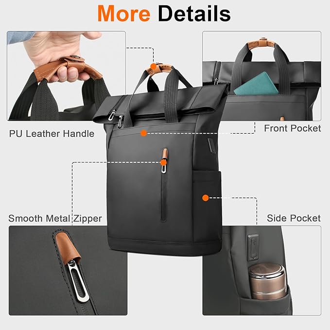 Roll-Top Laptop Backpack for 15.6" Laptop, 28L Capacity with USB Port, Expandable & Waterproof, Urban Style for Men & Women, Ideal for Work, University, Travel, and Shopping (Black)