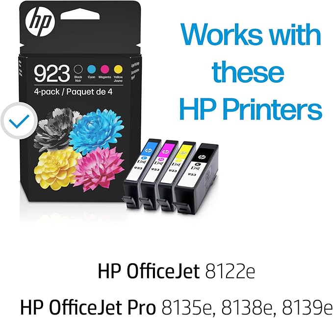 HP 923 Black, Cyan, Magenta, Yellow Ink Cartridges (4-Pack) | Works OfficeJet 8120 Series, OfficeJet Pro 8130 Series | Eligible for Instant Ink | 6C3Y6LN