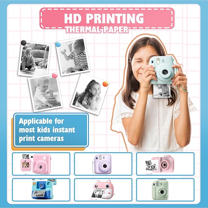 Thermal Paper,𝟏𝟐 𝐑𝐨𝐥𝐥𝐬 Kids Instant Camera Refill Print Paper, Atnadov HD Thermal Paper for Most Kids Instant Camera (White-12 Rolls)