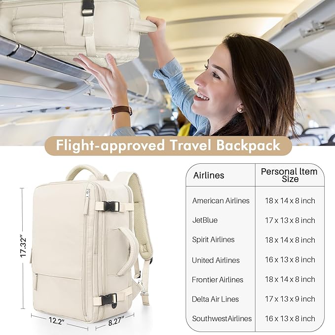 Travel Backpack for Men Women, Airline Approved Carry-on Backpack Luggage, Personal Item Backpack Bag, Large Gym Work Backpack, Beige