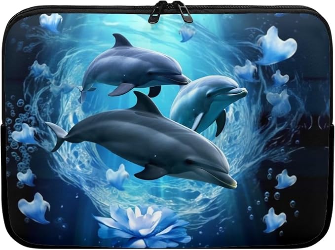 Dolphin Computer Sleeve for Women Men 15 inch Laptop Sleeve Durable Lap Top Case with Multiple Uses Tablet Bag Kawaii Animal Laptop Carrying Case Blue Flower Briefcase