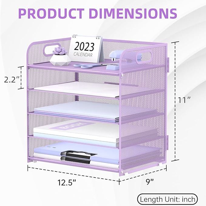 2 Pack 5-Tier Purple Desk Organizer with Handle Mesh Desk File/Paper Organizer Letter Tray for Office, School and Home Easy Installation Purple Office Supplies