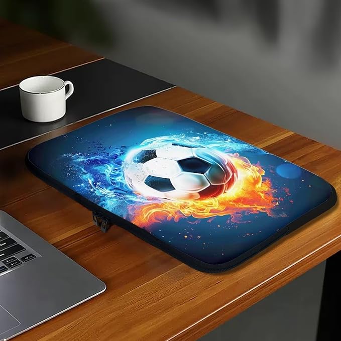 Water and Flame Football Laptop Sleeve for Boys Men 15 inch Lap Top Case Portable Laptop Protector Zippered Pouches with Humanize Design Computer Carrying Case Soccer Briefcase