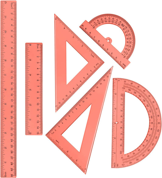 Tenare 6 Pcs Plastic Ruler Math Set Includes 12 Inch 6 Inch Straight Protractor Triangle Geometry Transparent Math Ruler Measuring Tools for School Office Home (Orange)