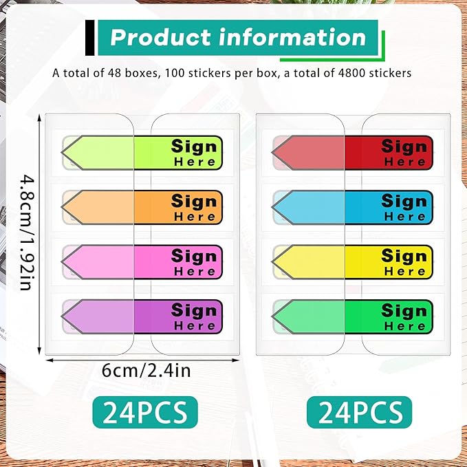 Tatuo 4800 Pcs Sign Here Tabs Colored Flag Stickers 8 Colors with Dispenser Arrow Flag Easy to Post for Notary Books Paper (Sign Here Style)