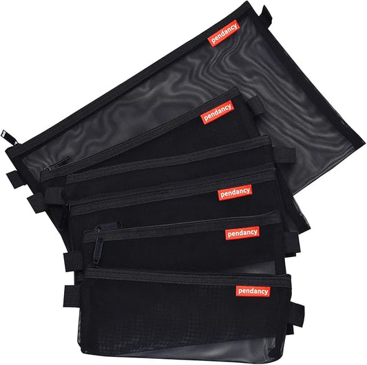 Pendancy Mesh Zipper Pouch 5pcs Lightweight Nylon File Folders Document Organizer Cosmetic Bags Accessories Storage for Travel and Office Supplies (Black, A4 A5 A6)