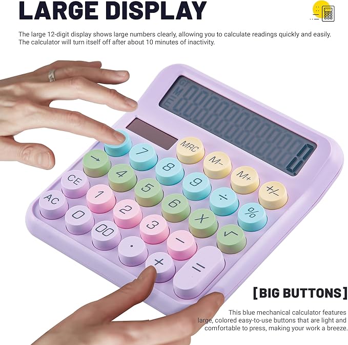 Golcellia Calculators Desktop, Purple Mechanical Calculator, Cute Calculator 12 Digit Desk Basic Calculator Large Display, Dual Power Solar Battery, Office Home School Supplies for Adults & Students