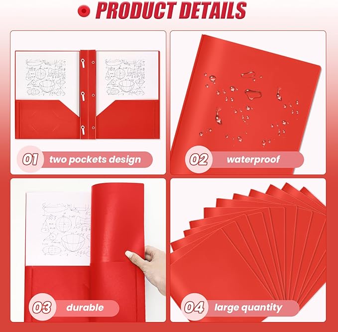 Yeaqee 60 Pcs Plastic Folders with Pockets and Prong Plastic Folders with 2 Pockets Pocket for Office, School for Students, Teachers, Office Workers (Red)