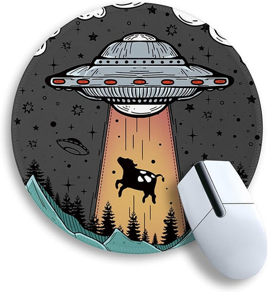 Gctriki Small Round Mouse Pad for Desk, Stitched Edge Non-Slip Rubber Base, Funny UFO Cow Mousepad for Laptop Computer Gaming, Cute Home Office Decor Desk Accessories Supplies, 8.6 x 8.6 Inch