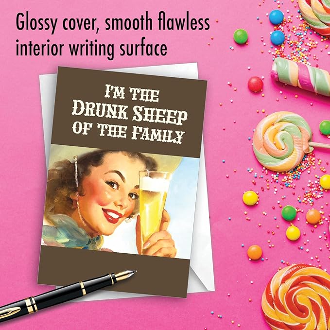 NobleWorks - 1 Funny Retro Birthday Card with Envelope - Hilarious Vintage Humor, Grown-Up Birthday Greeting - Drunk Sheep C7260BDG