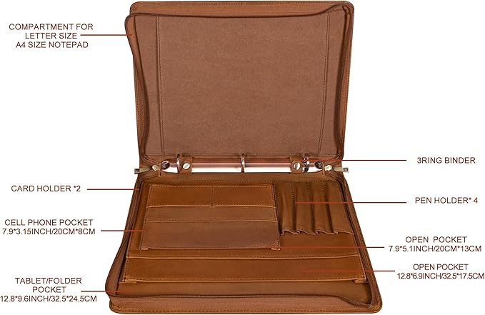 Free Name Engraved, Personalized Leather Portfolio Binder for Men, 3 Ring Binder Custom Padfolio Folder, Handmade Professional Business Organizer with Zipper, Gift for Men/Women, Customized, Brown