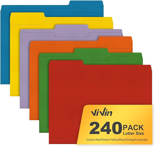 ViVin File Folders, Fits 8.5 x 11 Letter Size Paper, 1/3-Cut Tabs, 240 Pack Manilla Colored File Folders, Perfect for Home, Office, and School Documents File Paper(Multicolored)