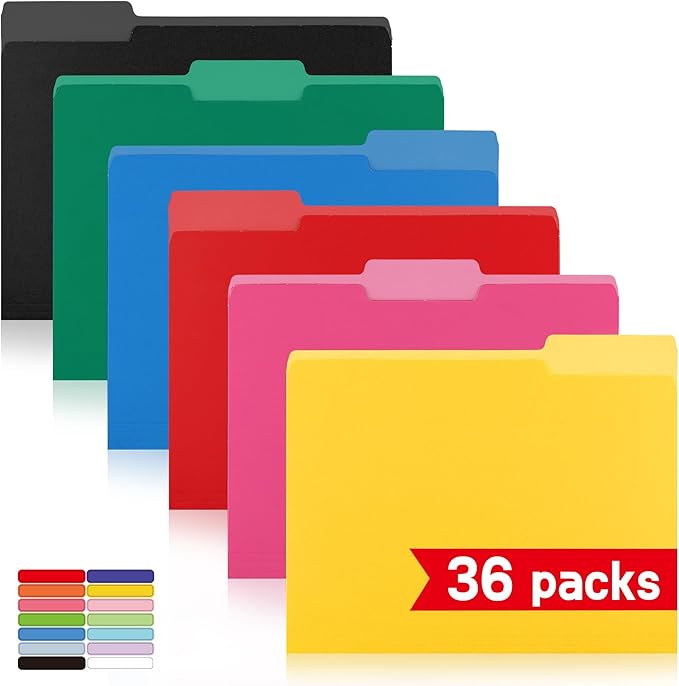 36 Packs Colored File Folders,1/3-Cut Tabs,Assorted Color Letter Size File Folder,8.5x11 File Folders for Office,School and Home,Organizer File Folder