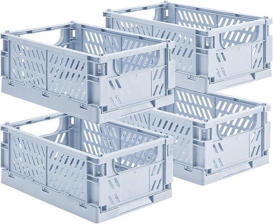 4-Pack Small Pastel Plastic Storage Baskets, Collapsible Crates for Organizing, Space-Saving Mini Bins for Classroom, Kitchen, Office, Bedroom (Blue, 9.8" x 6.5" x 3.8")