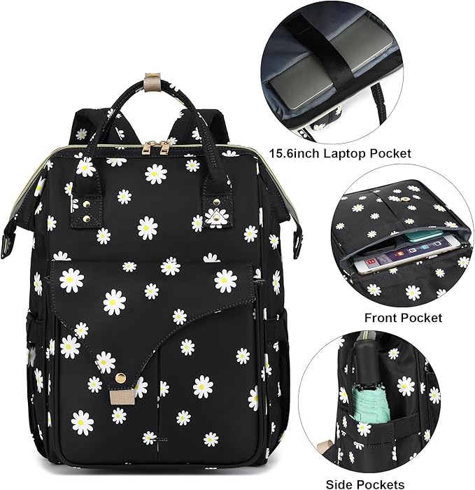 Flowers Laptop Backpack College School Backpack Bookbags Nurse Backpacks Travel Bags Casual Daypacks for Women Girls Fits 15.6 Inch Notebook (Black)