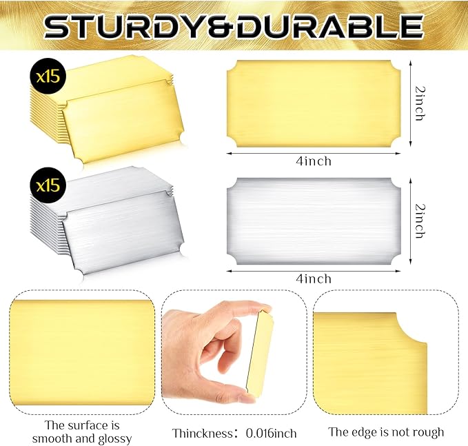 Therwen 30 Pcs Name Plates Laser Engraved Brushed Stainless Steel Plate Personalized Plaque Blank Custom Name Tag Frame Label with Adhesive Backing(Silver and Gold Notched Corner,4''x 2'')