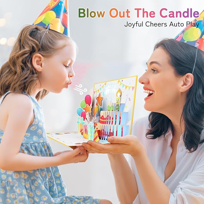 Birthday Cards Pop Up Cake with Blowable Candle Light, Music Happy Birthday Card Gifts for Men Women Kids Mom Grandma
