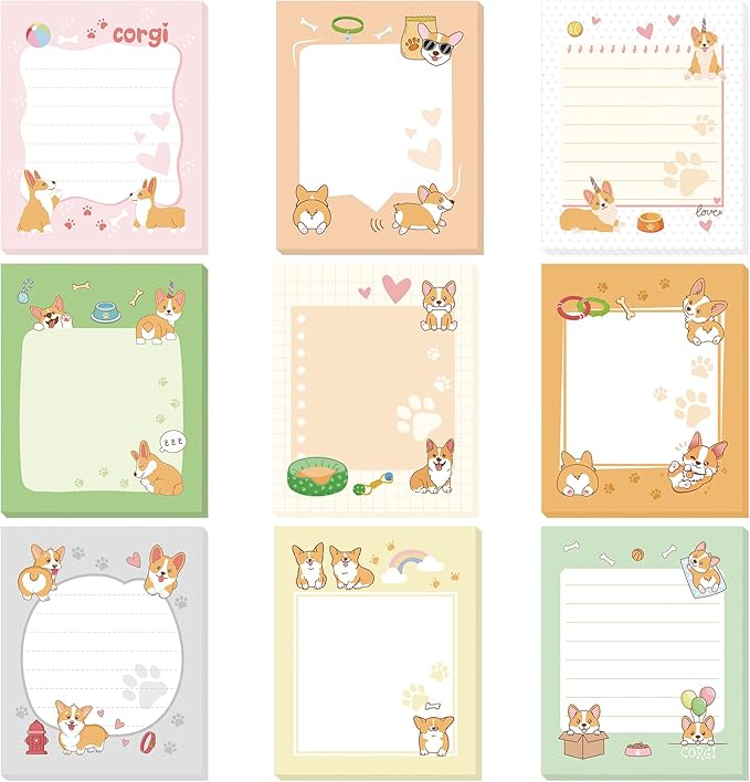 Sabary 9 Pads Sticky Notes 3.15 x 3.94 Inches Cute Self Sticky Note Pads Colored Adhesive Notepad for Memo Reminder Journal Studying Office Home Gift(Corgi)
