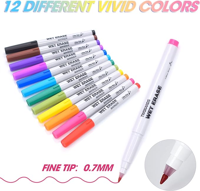 TWOHANDS Wet Erase Markers Ultra Fine Tip,0.7mm,Low Odor,Extra Fine Point,12 Assorted Colors,Whiteboard Markers for Office,Home,or Planning Dry Erase Board,20703