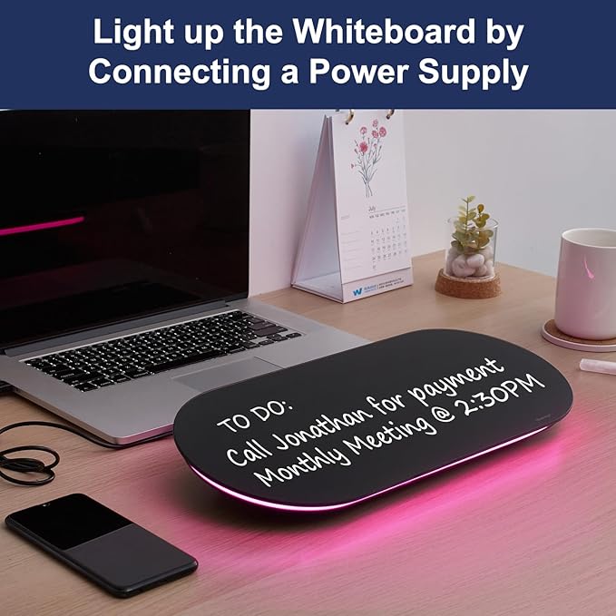 TSJ OFFICE Glass Desktop Whiteboard - 17 X 7 Inches Small Dry Erase Board with Pink Light, Glass White Board Surface Notepad with 1 Drawer, Desk Organizers for Office, Home, School Supplies (Black)