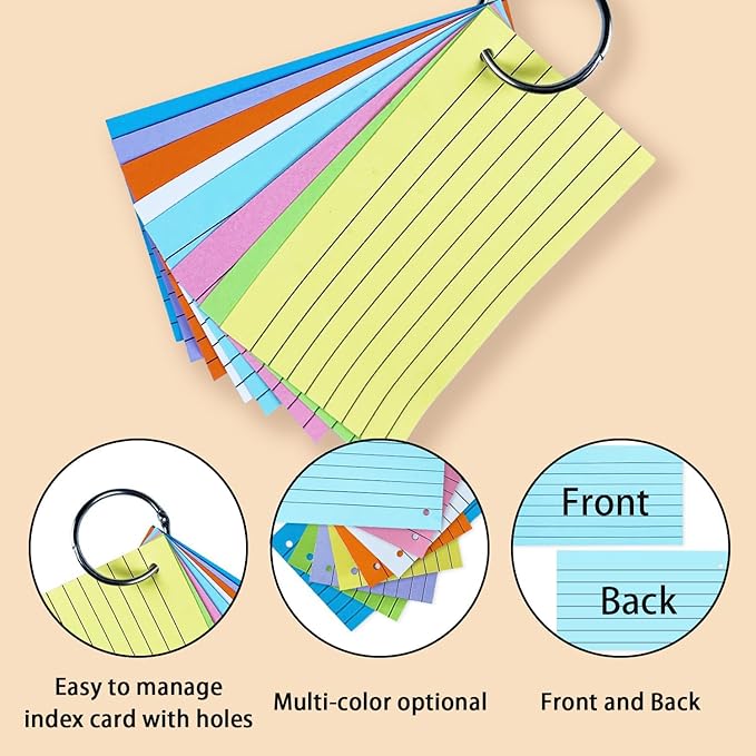 TFLFL Index Paper Cards 3x5 Inch, 300PCS Flash Cards with Rings, Thin Paper 8 Colors Ruled Index Cards, Assorted Lined Colored Flashcards, Study Card Note Cards Memo Pad for Office School