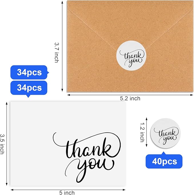 Joyberg 34 PCS Baby Shower Thank You Cards With Envelopes 3.5”x5”, Blank Dark White Thank You Notes With Envelopes Set, Brown Paper Envelopes and Stickers Wedding Thank You Cards With Envelopes