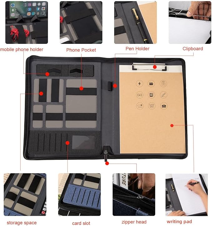 Padfolio Portfolio with Zipper and Clipboard - Leather Business Portfolio Organizer – Zippered Portfolio Padfolio for Women & Men (Non Battery, Black)