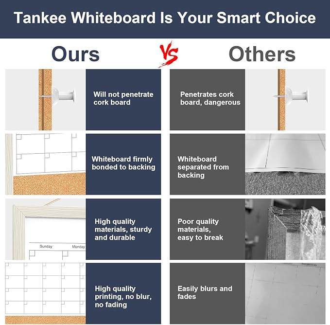 Calendar Whiteboard for Wall, TANKEE 17"x13" Whiteboard Calendar Cork Board Combo, Magnetic White Board Monthly Calendar with Wood Framed, Hanging Dry Erase Board for Kitchen Home Office Planner