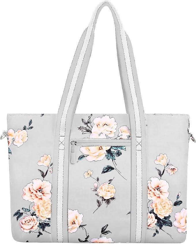 MOSISO Laptop Tote Bag for Women (17-17.3 inch), Canvas Camellia Multifunctional Work Travel Shopping Duffel Carrying Shoulder Handbag, Grey