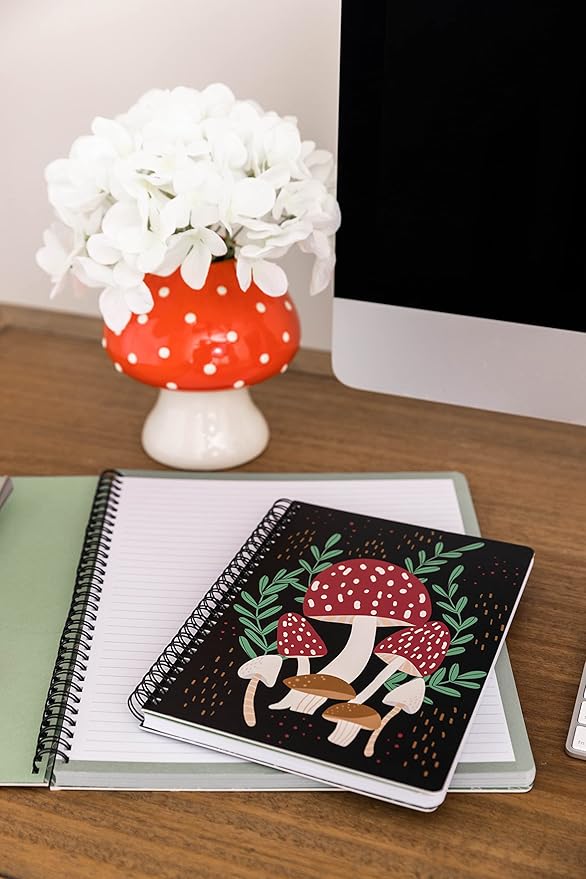 Steel Mill & Co Cute Mini Spiral Notebook, 8.25" x 6.25" Journal with Durable Hardcover and 160 Lined Pages, Mushroom