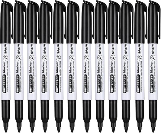 SFAIH Dry Erase Markers Fine Tip - 12 Pack Whiteboard Markers Dry Erase For Kids Adult Low Odor, Black Dry Erase Markers Fine Point For Home Classroom