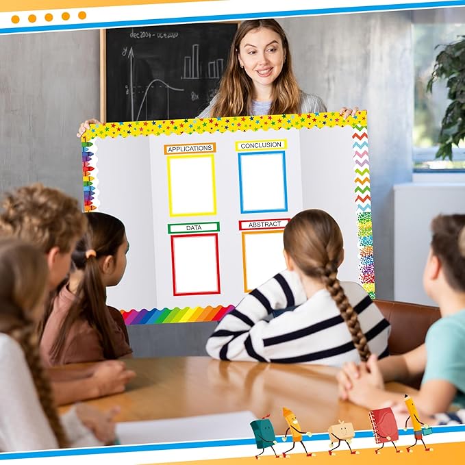 90 Pcs Science Fair Board Supplies 60 Trim Scalloped Bulletin Board Borders 24 Presentation Board Subtitles 6 Science Fair Titles for Classroom Display Boards (Rainbow)