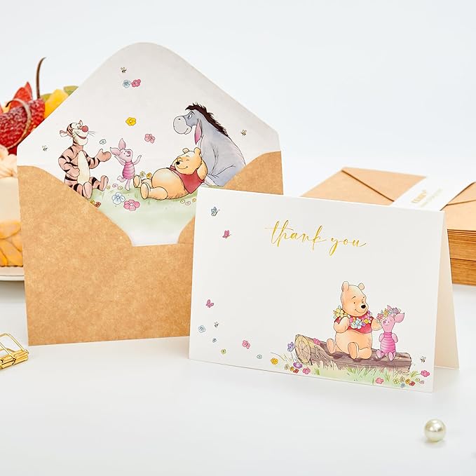 Crisky Gold Foil Winnie the Pooh Thank You Cards with Envelopes and Stickers, 50 Pack Animal Thank You Cards for Baby Showers, Birthdays, Friendsgiving