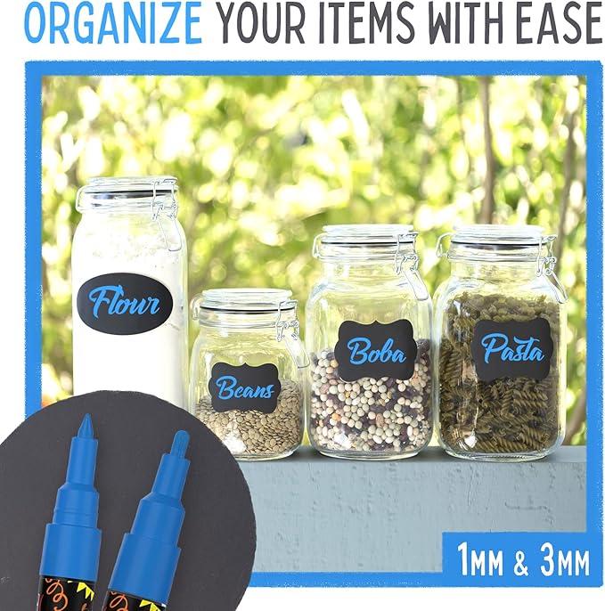 5 Blue Chalkboard Chalk Pens - Blue Dry Erase Markers for Blackboard, Chalkboard Signs, Windows, Glass | Variety Pack - Fine & Jumbo Size Ink Pen (1mm, 3mm, 6mm, 10mm, 15mm)