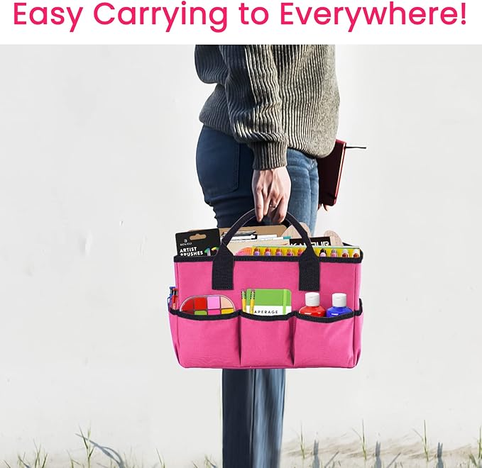 Godery Desktop Tote and Stock Organize, Teacher Helper Tote Bag Organization for Arts, Books, Stationery, etc, and Office Desk Organize, Make-up Storage Tote with Handles for Travel (PINK)