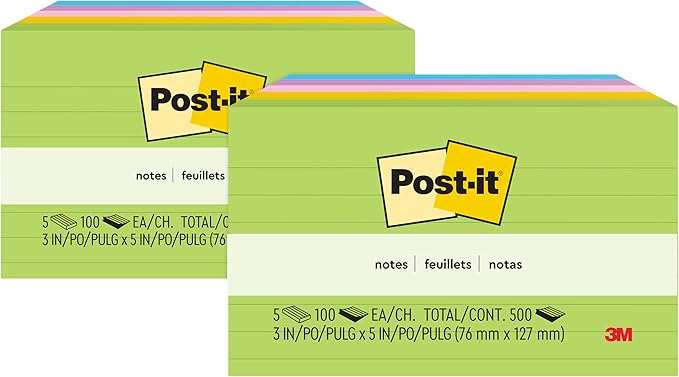 Post-it Notes, 3x5 in, 5 Pads, America's #1 Favorite Sticky Notes, Floral Fantasy Collection, Bold Colors, Clean Removal, Recyclable (635-5AU) (Pack of 2)