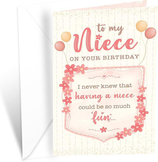 Prime Greetings Birthday Card For Niece, Made in America, Eco-Friendly, Thick Card Stock with Premium Envelope 5in x 7.75in, Packaged in Protective Mailer