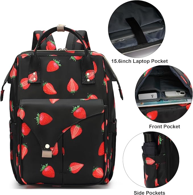 Strawberry Laptop Backpack College School Backpack Bookbags Nurse Backpacks Travel Bags for Women Girls Fits 15.6 Inch Notebook