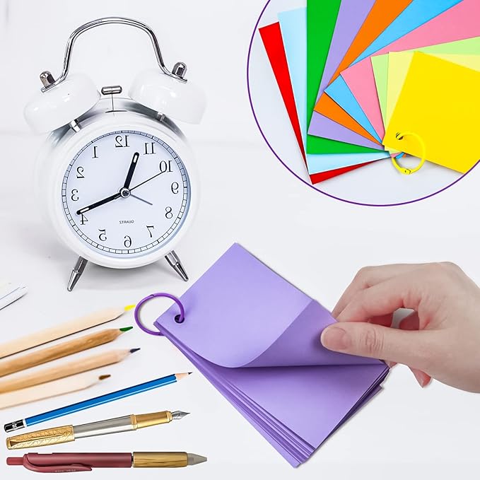 MotBach 600 Pieces Index Cards Flash Cards with Colorful Binder Rings,3" x 5", 10 Color Assorted Color Blank Punched Memo Note Cards Unlined Study Record To Do List for Home School Office Supplies