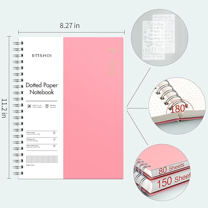 EMSHOI A4 Spiral Notebook Bullet Dotted Journal, 11.2" X 8.27", 300 Pages/150 Sheets, 100gsm Dot Grid Paper, Waterproof Softcover, Twin-Wire Binding, for School Work Writing Note Taking-Pink