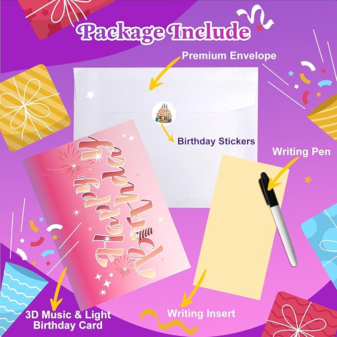 3D Pop-Up Firework Birthday Card with Lights & Music – Greeting Card for Women, Men, Kids Pink
