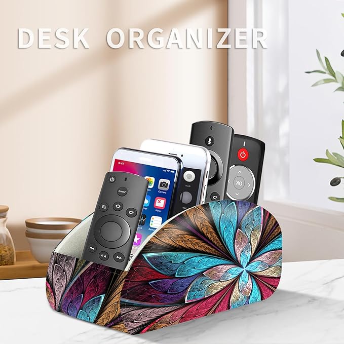 YAPISHI Remote Control Holder, 5 Compartments TV Remote Holder Caddy for Table, Nightstand Organizer for Remotes/Media Controllers/Office Supply, Bedside Decorations for Living Room， PU Leather
