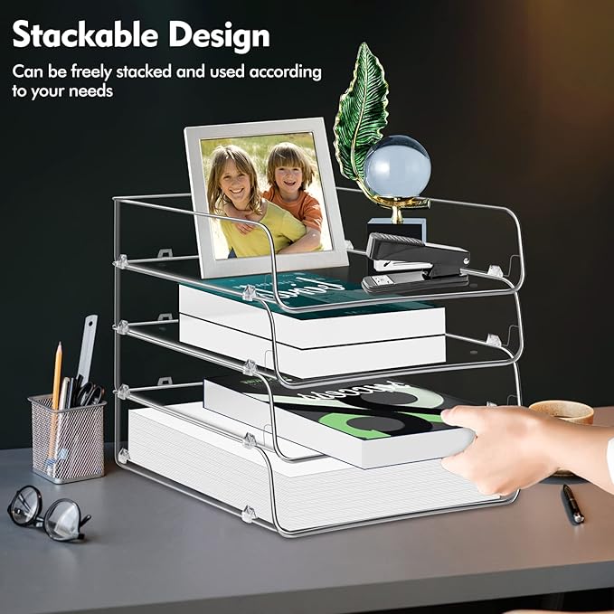 Stackable Paper Trays, 4 Tier Desktop File Organizer, Letter Tray for Office Supplies, Magazine