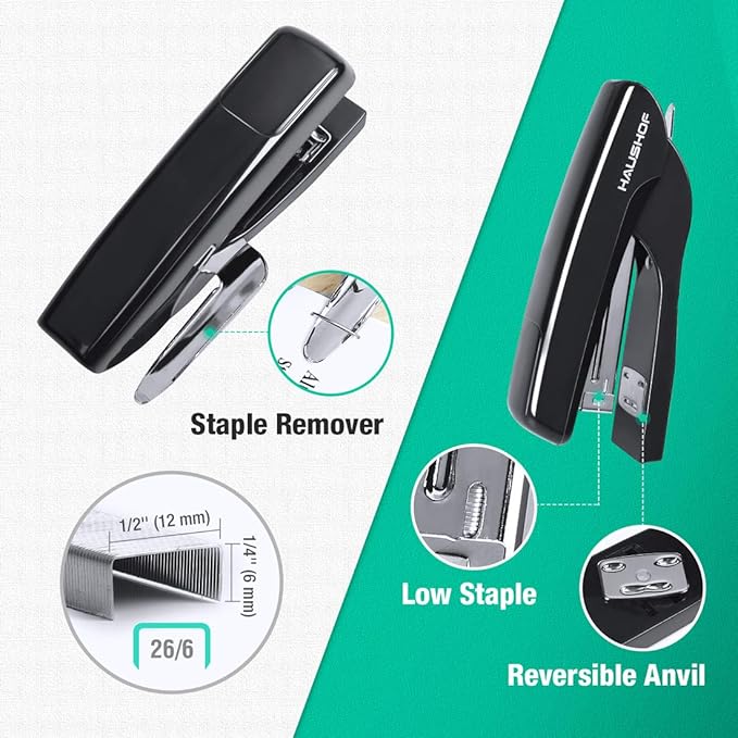 HAUSHOF Desktop Stapler and 3-Hole Punch Set with 5000-Piece Staples and Staple Remover, Office Supplies Compatible with 26/6 and 24/6 Staples