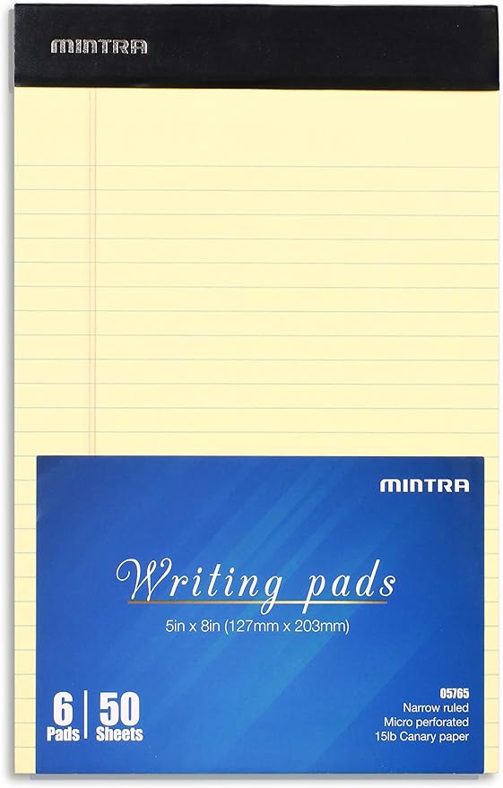Mintra Office Legal Pads - ((BASIC CANARY 6pk, 5in x 8in, NARROW RULED)) - 50 Sheets per Notepad, Micro perforated Writing Pad, Notebook Paper for School, College, Office, Business