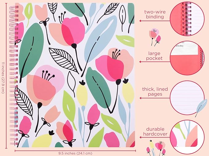 Steel Mill & Co Cute Large Spiral Notebook College Ruled, 11" x 9.5" with Durable Hardcover and 160 Lined Pages, Pink Poppy