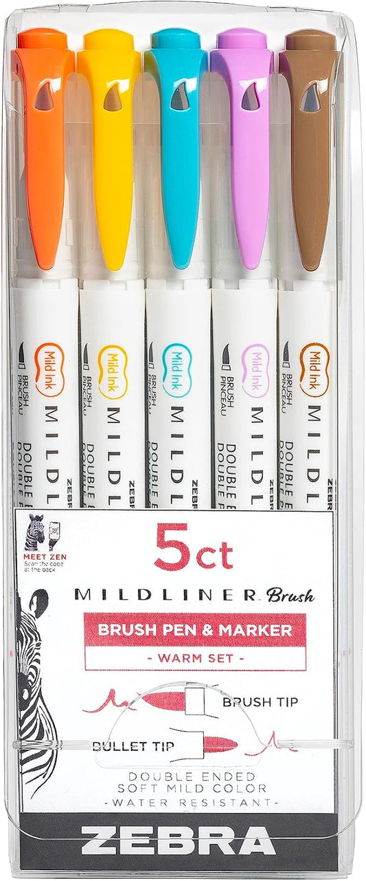 Zebra Pen Mildliner Brush Marker, Double Ended Brush and Fine Tip Pen, Assorted Warm Colors, 5 Pack