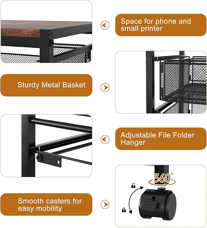 EasyPAG Hanging File Folder Organizer Rolling Cart on Wheels 2 Letter/Legal Size Mobile Hanging File Folder Frame with 1 Pull-Out Drawer for Home Office, Black