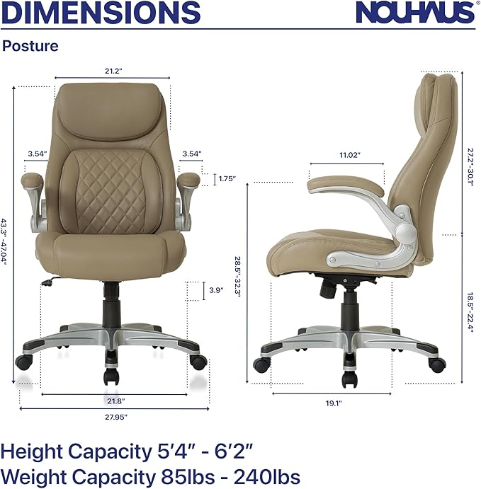 Nouhaus +Posture Ergonomic PU Leather Office Chair. Click5 Lumbar Support with FlipAdjust Armrests. Modern Executive Chair and Computer Desk Chair (Taupe)